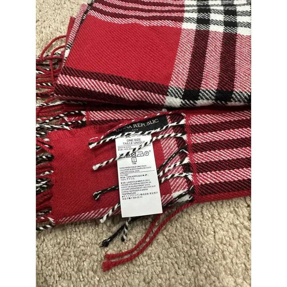 Banana Republic Plaid Tartan Fleece Fringed Scarf Long Red White Black Winter